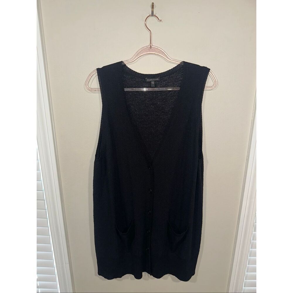 Eileen Fisher Long Line Light Weight Wool Vest Black Women's Large